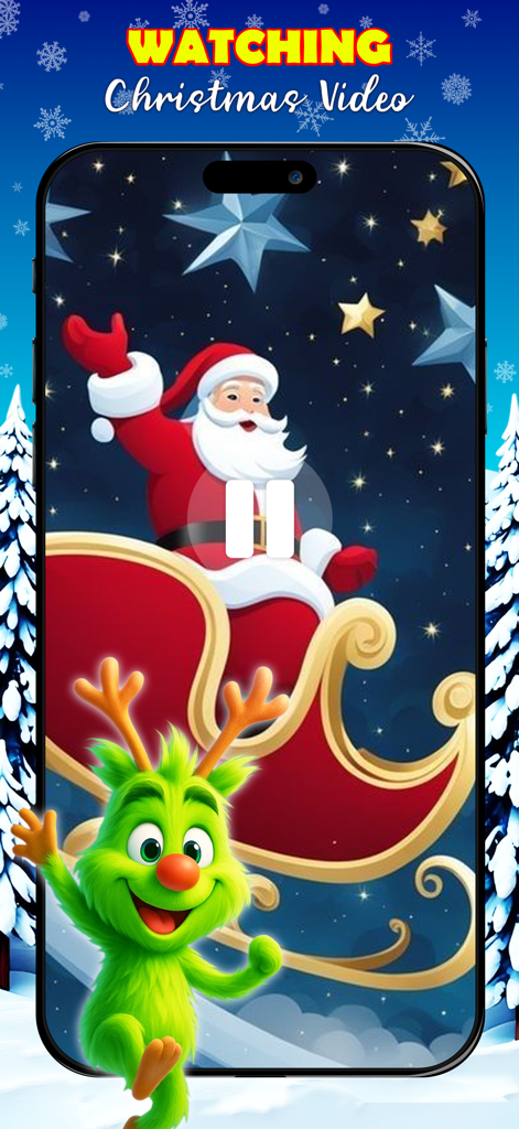 Smartphone screen displaying a cartoon Santa Claus in his sleigh under a starry sky with a cheerful green furry character.
