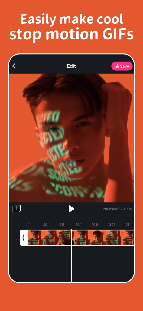 프레임 타임라인과 비디오 미리보기가 있는 스톱모션 편집 화면을 보여주는 Gif Maker 앱 인터페이스.