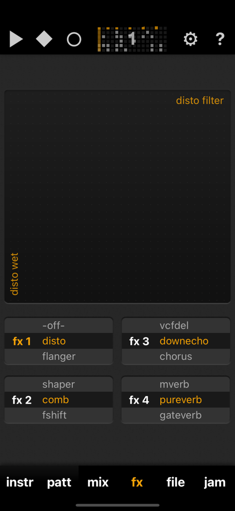 Elastic Drums - Elastic Drums app effects screen showing XY pad automation and four effect slots