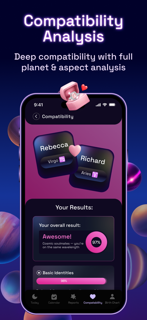 Astro Map: Soulmate drawing - Astro Map app screen showing a compatibility analysis result of 97 percent between two users.