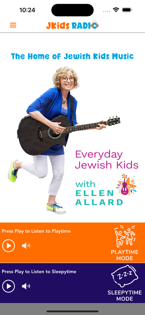 JKids Radio - JKids Radio app home screen featuring artist Ellen Allard and selection buttons for playtime and sleepytime modes.