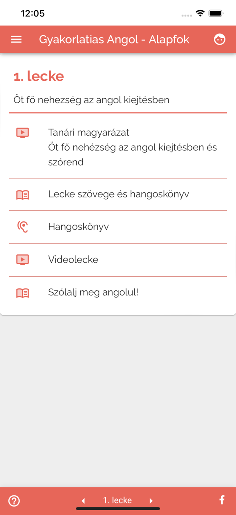 Gyakorlatias Angolアプリのレッスンメニュー、ハンガリー語でのビデオ説明とオーディオブックのオプションを表示