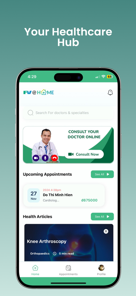FV@Home - FV Home app interface showing doctor consultation and appointment management features