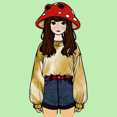 a realistic girl with a frog hat and baggy mushroom shirt