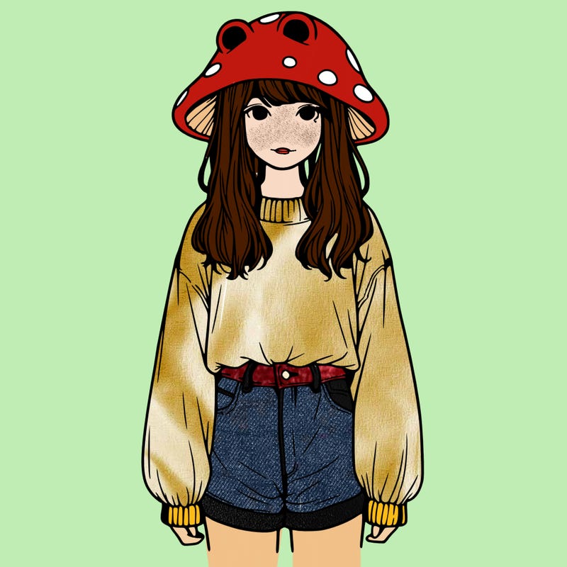 a realistic girl with a frog hat and baggy mushroom shirt