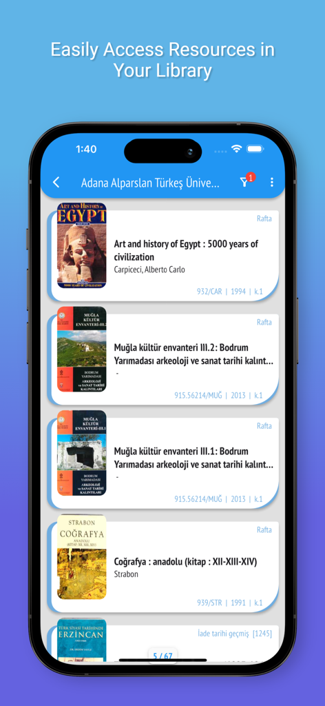 Cep Kütüphanem - Benutzeroberfläche der mobilen App Cep Kütüphanem mit einer Liste von Büchern und Suchergebnissen aus einem Bibliothekskatalog.