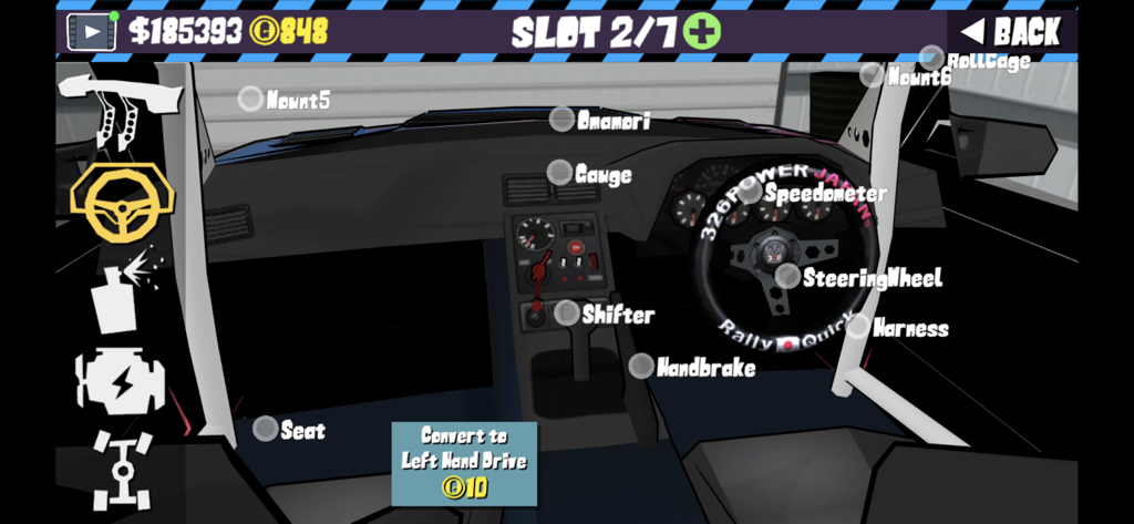 Interior car customization menu in FR Legends showing cockpit parts and tuning options