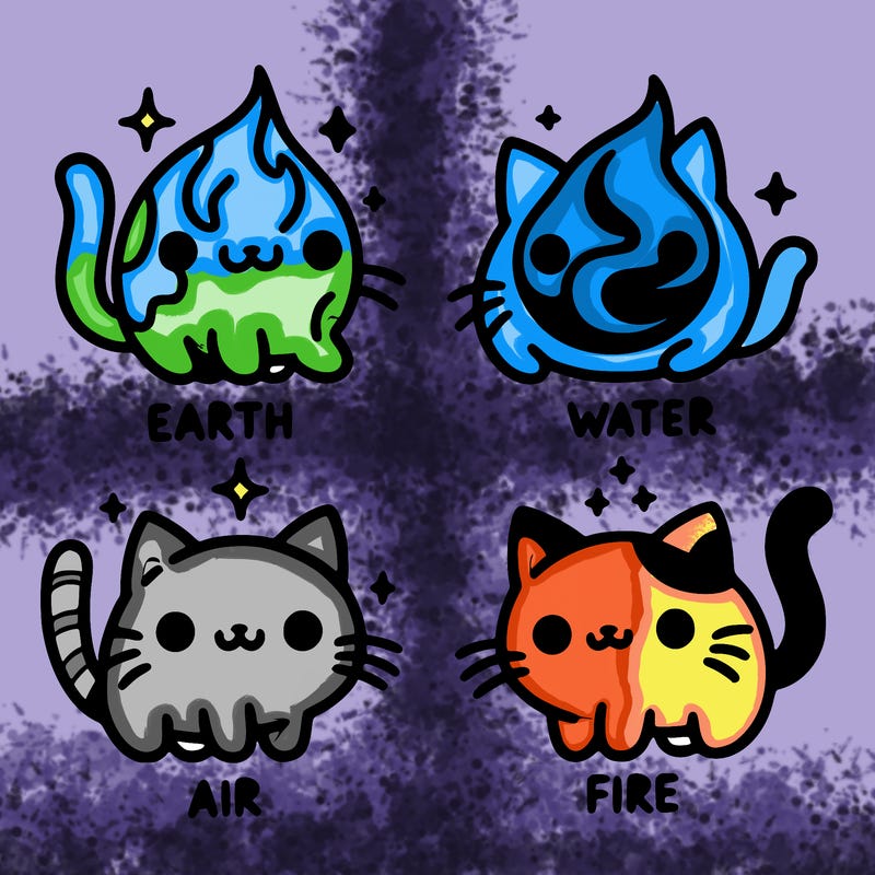 4 cats that represent the different elements, earth, water, air, and fire