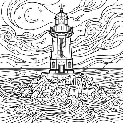 Embark on a serene coloring journey with this beautiful offshore lighthouse scene. Perfect for those who love nautical themes and peaceful nightscapes, this page invites you to bring its watchful light to life.