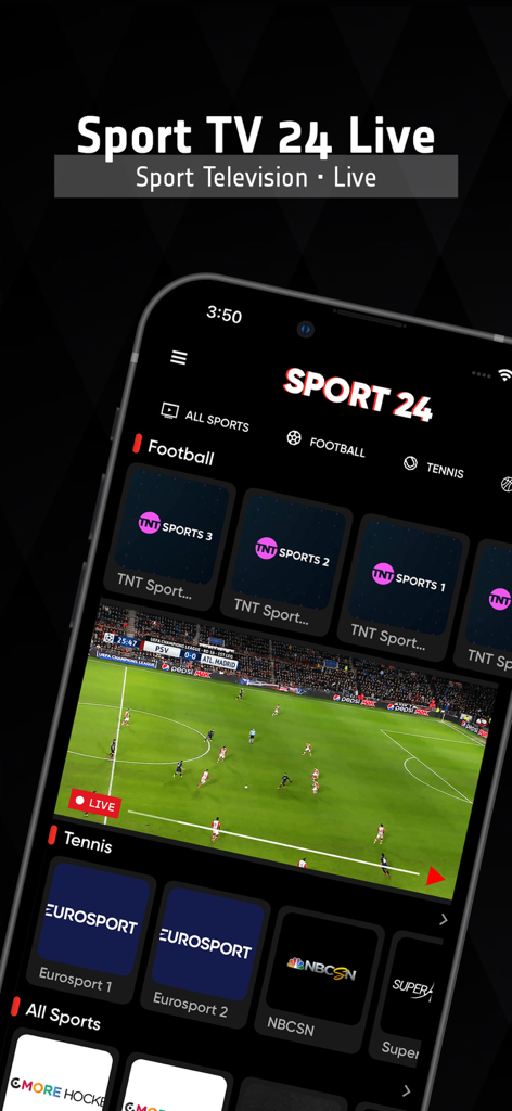 Interfaz de la aplicación de deportes en vivo Sport TV 24 mostrando un partido de fútbol en vivo y listas de canales deportivos como Eurosport y TNT Sports