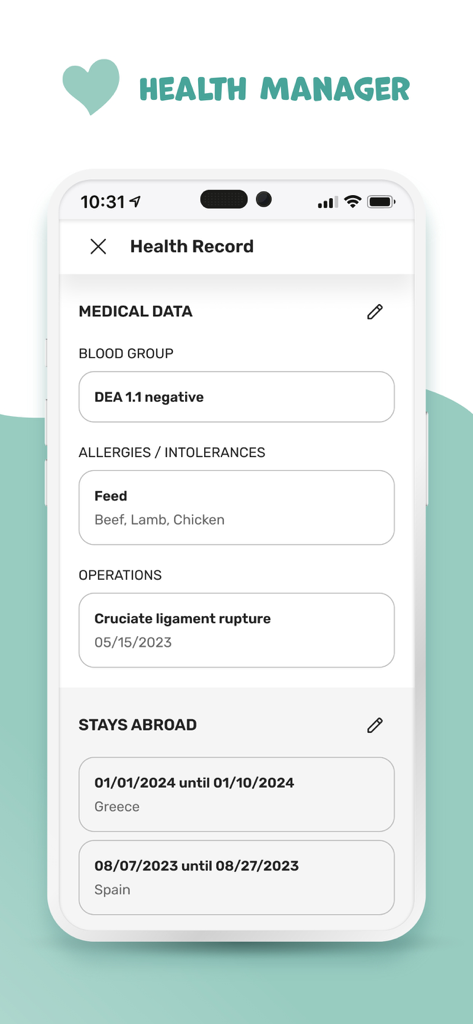 petsXL | smart animal health - Digital pet health record in petsXL app showing medical data allergies and travel history