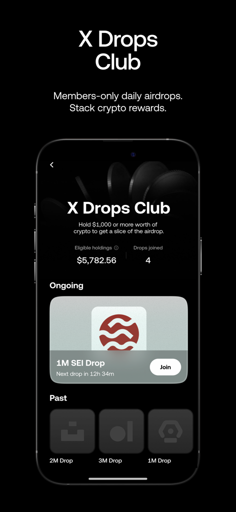 OKX: Buy Bitcoin BTC & Crypto - OKX mobile app interface showing the X Drops Club section with ongoing and past crypto airdrop rewards