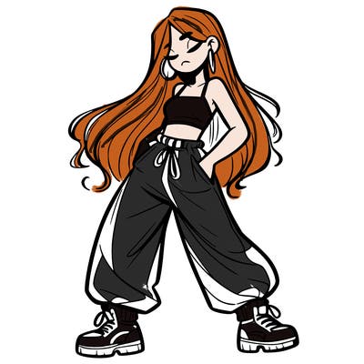 girl in baggy pants crop top and long hair