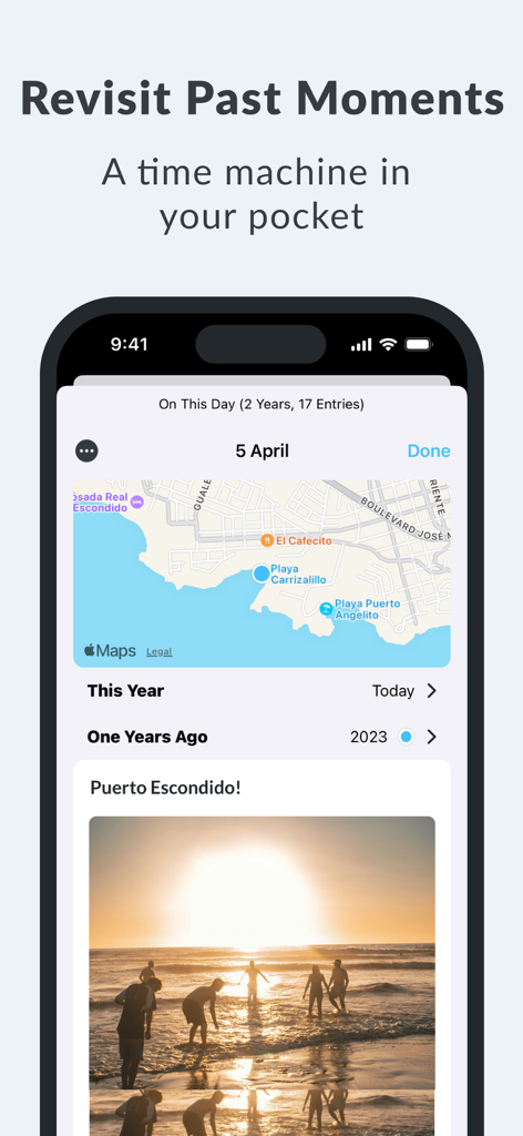 Day One: Daily Journal & Diary - Day One app interface showing the On This Day memory feature with a location map and beach photo