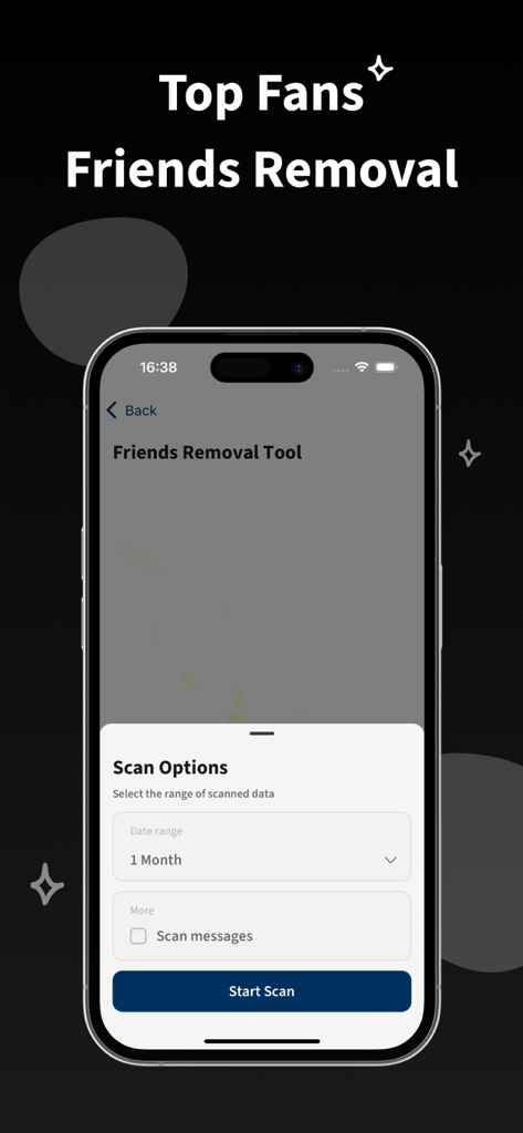 MonokaiToolkit Original - A mobile interface for MonokaiToolkit Original showing scan options for the Friends Removal Tool with a date range selector and start scan button.