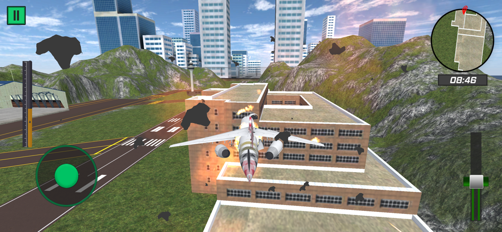 Plane Simulator Crash Landing - Un avión 3D estrellándose contra un edificio en un juego de simulación de ciudad con llamas y escombros