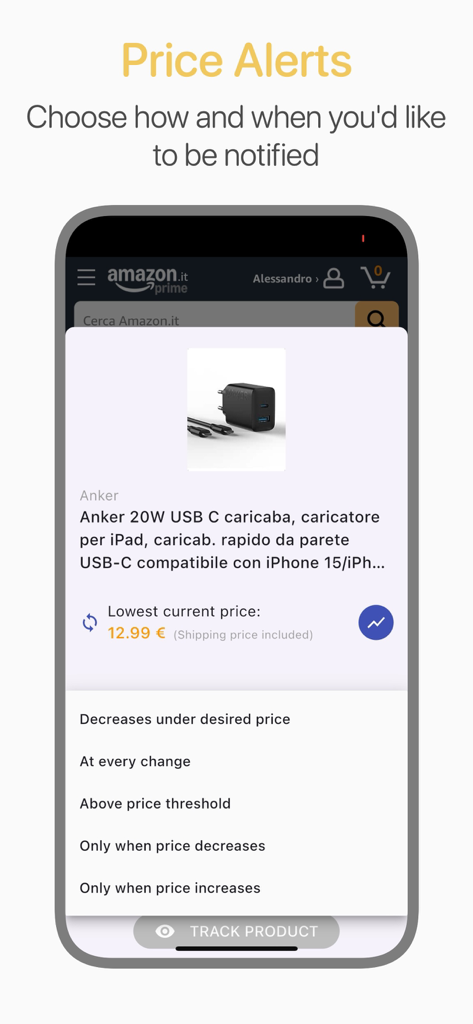 Price Tracker · Reprice - Mobile app interface showing customizable price alert notification options for an online product