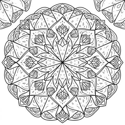 Dive into a unique culinary-inspired art experience with this delightful Crepes Mandala coloring page. Featuring a perfectly symmetrical design crafted from delicate, delicious crepes, it's a feast for your creative spirit.