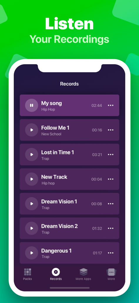 Hip-Hop Beat Maker: Make Beats - Una interfaz de aplicación móvil que muestra una lista de beats de hip-hop y trap grabados con botones de reproducción y duraciones de pistas.
