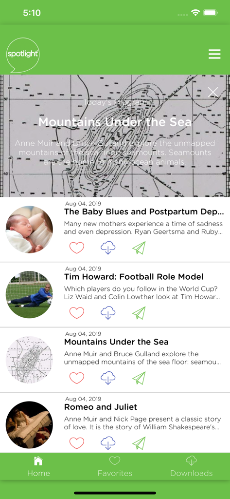 Radio English - Official App - Radio Englishアプリのホーム画面。英語学習のための教育的オーディオプログラムのリストが表示されている。