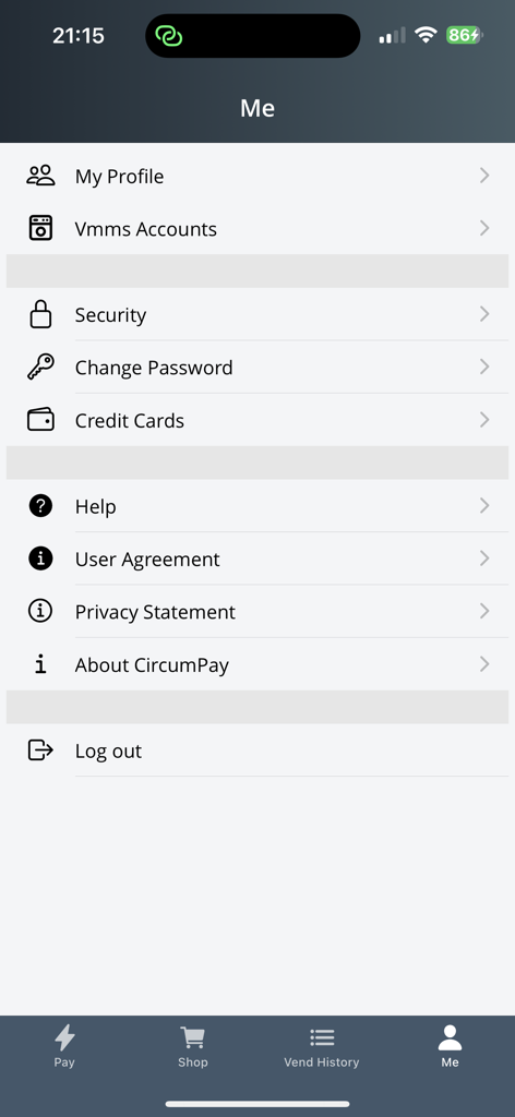 Circum Pay - The user profile and account settings menu of the Circum Pay mobile application