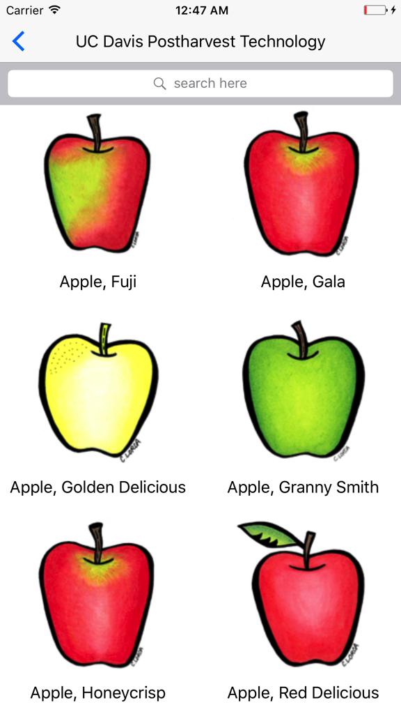 Produce Facts - Screenshot of the Produce Facts app showing a catalog of different apple varieties with illustrations and a search bar
