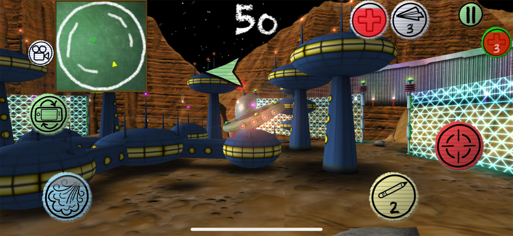 Air Wings® - Air Wingsのゲームプレイ画面。未来的な砂漠の峡谷レベルでUFOの近くを飛ぶ紙飛行機が表示されています。