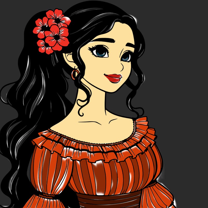 a single latina woman with a side ponytail and a long dress with ruffles. she has a few discreet flowers in her hair. realistic