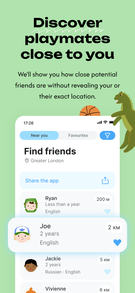 Kidbridge - Kidbridge app interface showing a list of nearby playmates with avatars, ages, and languages while maintaining location privacy.