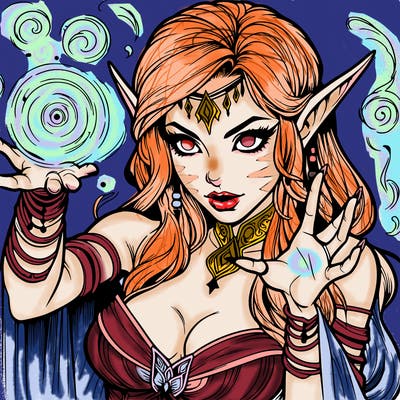 realistic scary beautiful elf sorceress casting spell