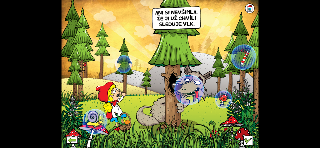 Červená Karkulka - Ein Zeichentrickwolf versteckt sich hinter einem Baum und beobachtet Rotkäppchen in einer Waldszene aus der interaktiven tschechischen Bilderbuch-App.