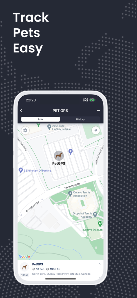 Pantalla de smartphone mostrando la ubicación en tiempo real de una mascota en un mapa usando la aplicación Rastreador GPS