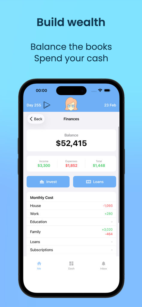 Financial overview screen in Life Sim showing balance income and monthly expenses