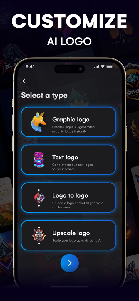 Interface mostrando opções de personalização de logotipo com IA, incluindo logotipo gráfico, logotipo de texto e upscaling.