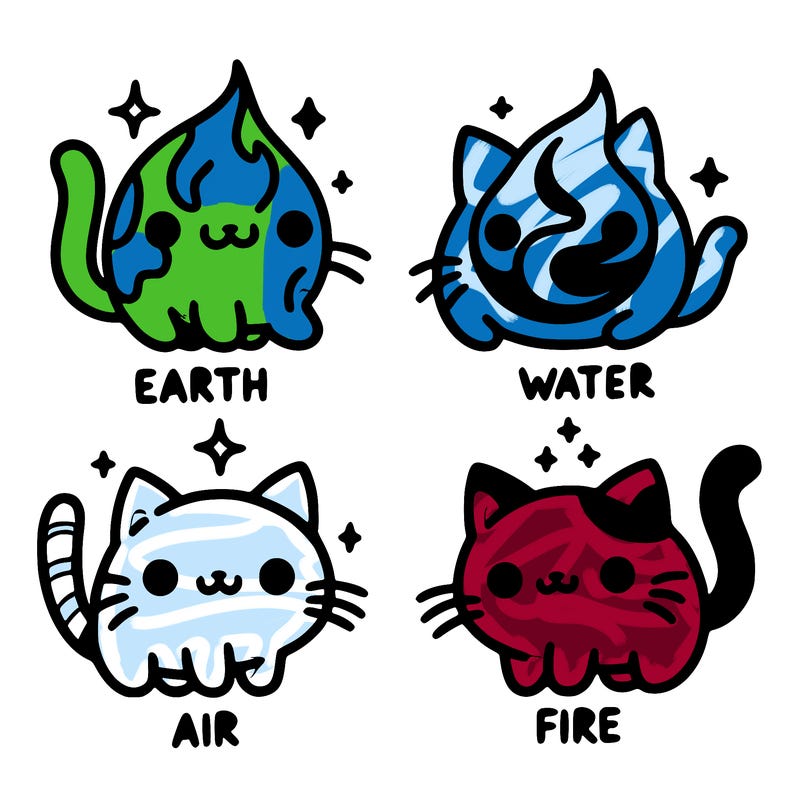4 cats that represent the different elements, earth, water, air, and fire