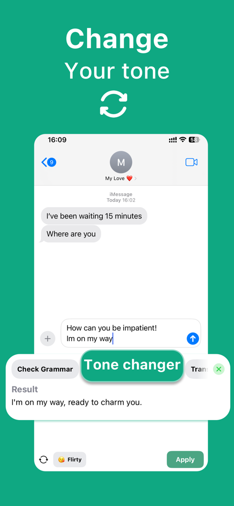 TyperAI: AI Keyboard & Writer - TyperAI keyboard extension showing the tone changer feature being used in a chat interface