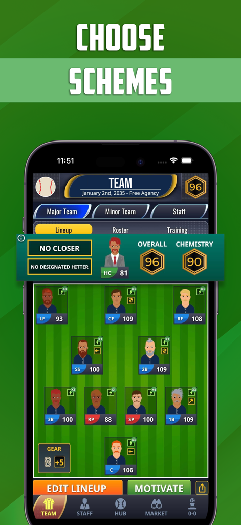 Mobile app screen showing a baseball team lineup with player positions ratings and team chemistry stats