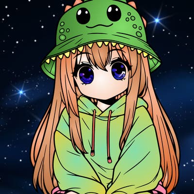 girl with anime shaped eyes with a dinosaur bucket hat oversized sweatshirt long straight hair