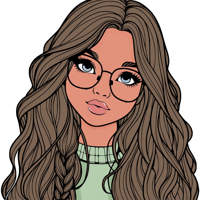 girl with long hair and freckles and glasses realistic