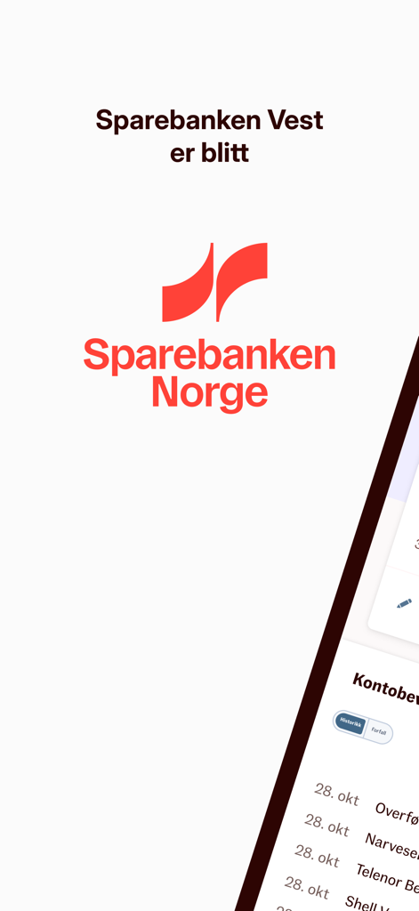 Sparebanken Norge Bedrift - Sparebanken Norge logo and rebranding announcement with mobile app account movements