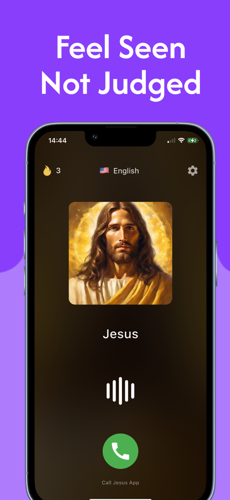 Call Jesus: Christian AI Chat - Captura de tela de um aplicativo móvel para Chame Jesus Bate-papo IA Cristão mostrando uma tela de chamada recebida com uma ilustração de Jesus e o texto Sinta-se Visto Não Julgado.