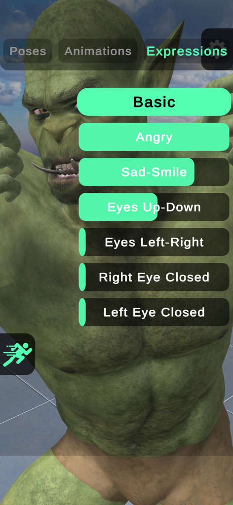 Pro Poser 3D Model Poses - Un modelo orco verde 3D en la app Pro Poser con una superposición del menú de expresiones mostrando opciones como enfadado y sonrisa triste