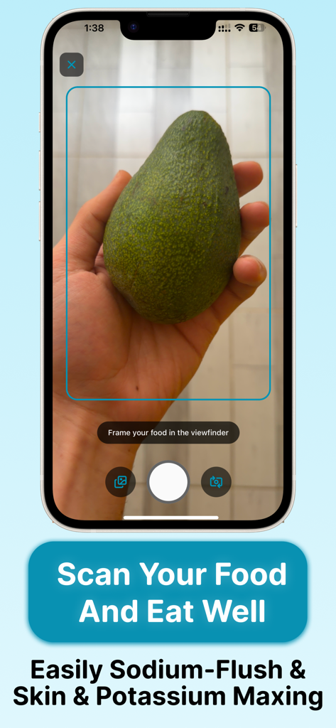 Interfaz del escáner de alimentos de la aplicación LooksLab analizando un aguacate para eliminar sodio y maximizar potasio