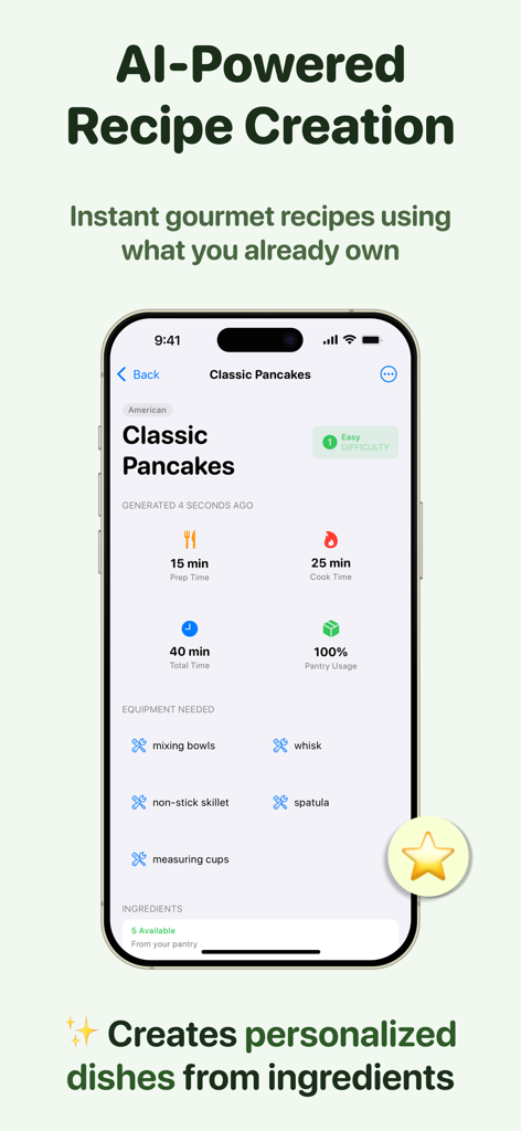 Mixova app interface displaying an AI-generated Classic Pancakes recipe with cooking times and equipment list.