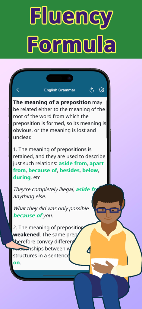 A mobile screen showing an English grammar lesson about prepositions with examples and a fluency formula header.