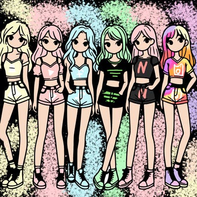 a group of girls wearing crop tops and shorts