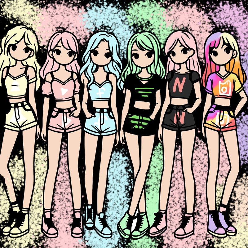 a group of girls wearing crop tops and shorts