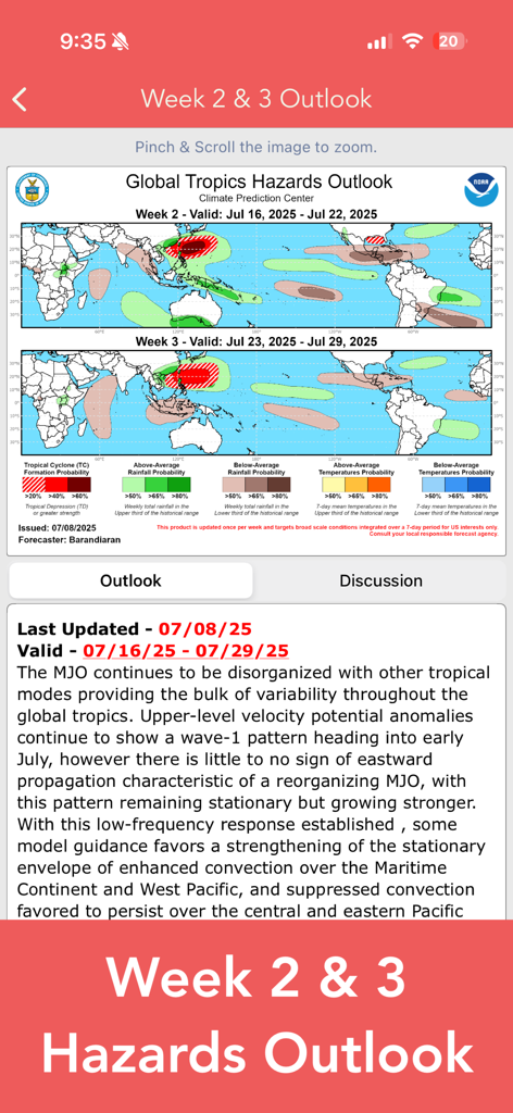 National Hurricane Center Data - Global Tropics Hazards Outlook mit Karten der tropischen Wirbelstürme und Niederschlagswahrscheinlichkeiten für die Wochen zwei und drei.