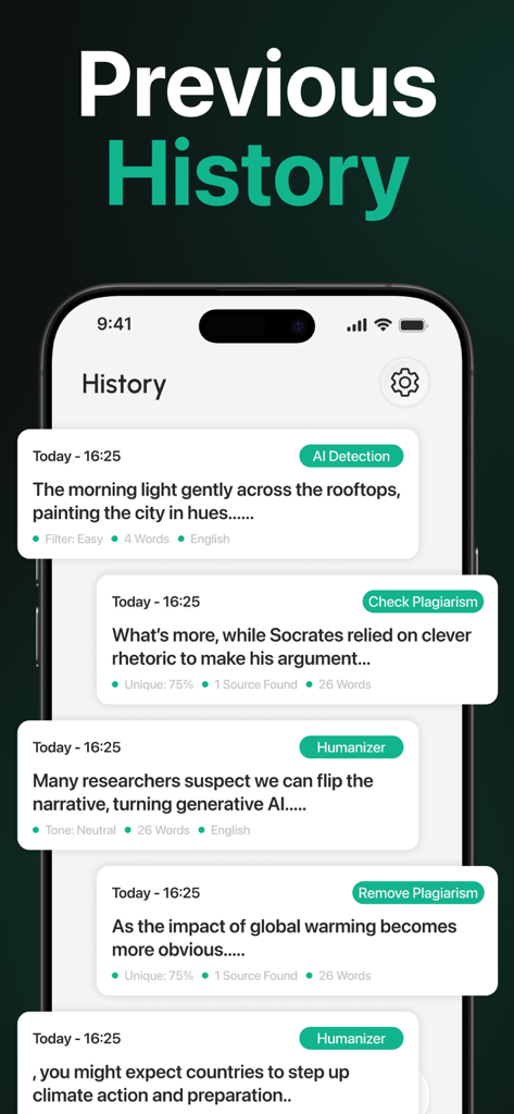 AI Detector : Text Humanizer - A mobile app screen showing a history list of previous AI detection, plagiarism checks, and text humanizer results.