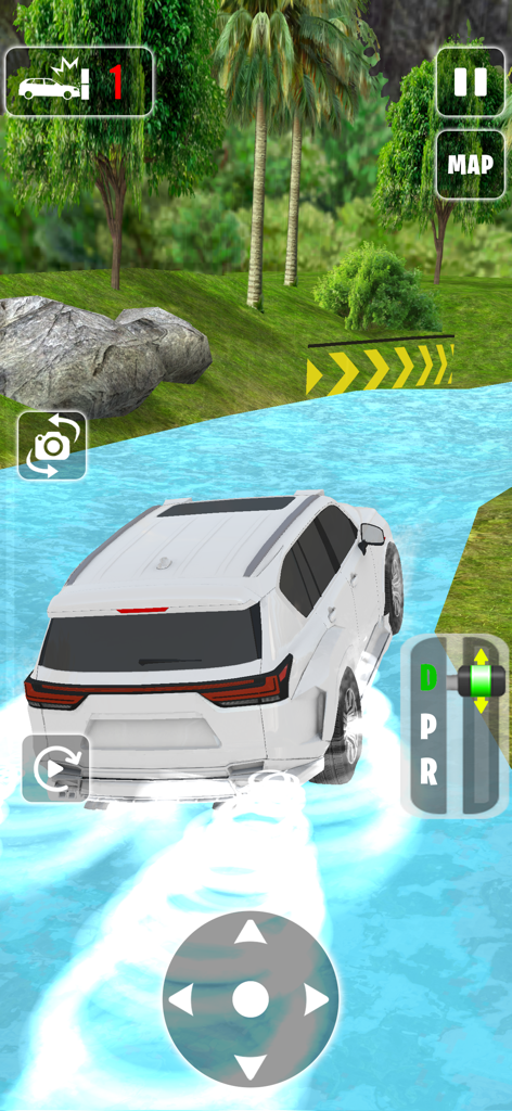 Offroad Jeep Drive : 4x4 Games - SUV blanco conduciendo a través de un río azul en un juego de simulación todoterreno